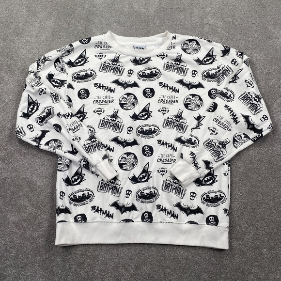 Batman All Over Print Crew Neck Pullover Sweatshirt Women's Size L White Black - Picture 1 of 8